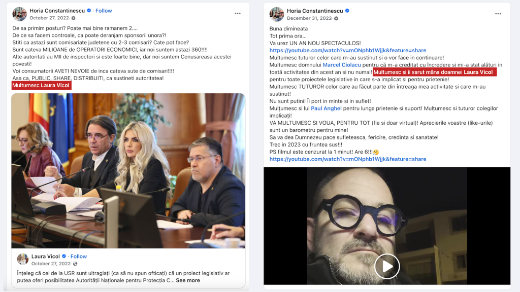 În social media, Horia Constantinescu și-a exprimat de mai multe ori recunoștința față de Laura Vicol