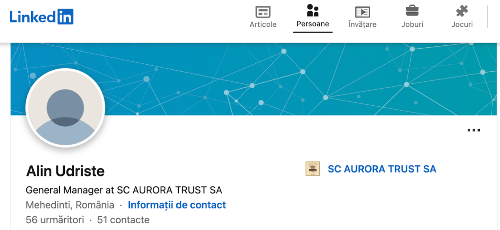 Alin Udriște figurează și astăzi pe Linkedin ca șef al Aurora Trust SA